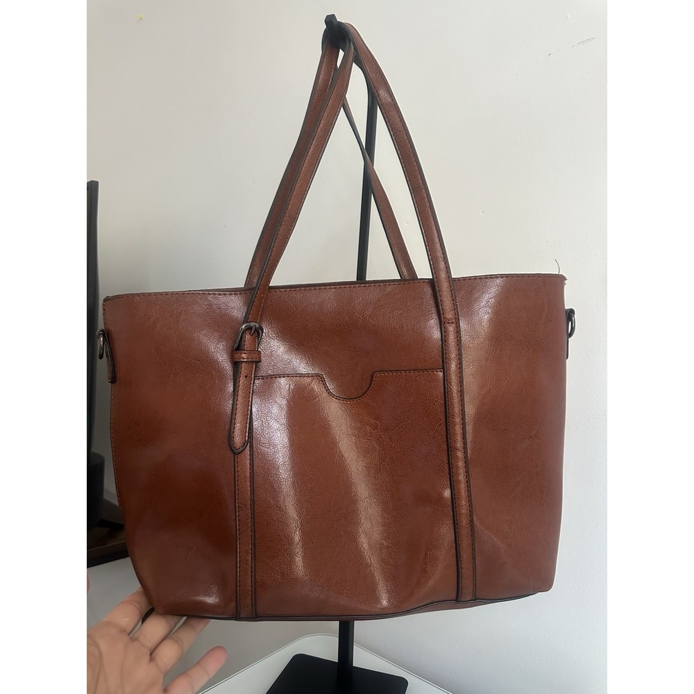 Large Brown Faux Leather Tote Bag Minimalist Shoulder Handbag Pre-Owne - Picture 3 of 16